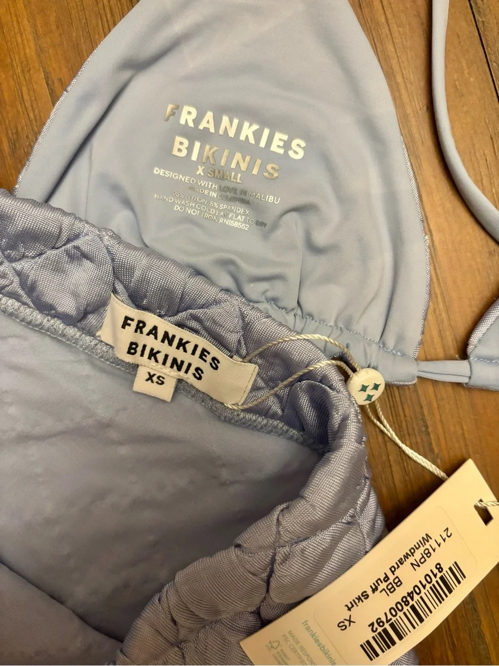 NWT Frankie’s bikinis quilted blue puff triangle top and skirt set